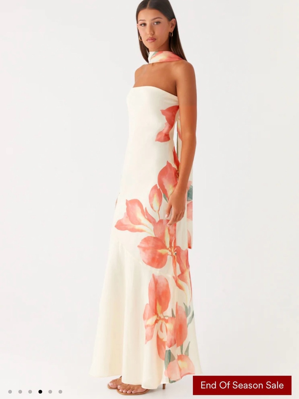 Strapless Cream Maxi Dress with Coral Floral Print